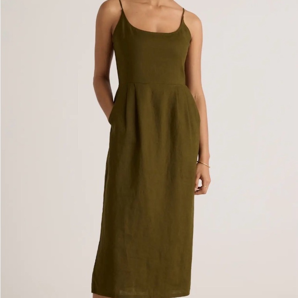 Quince Olive Midi Slip Dress with Spaghetti Straps